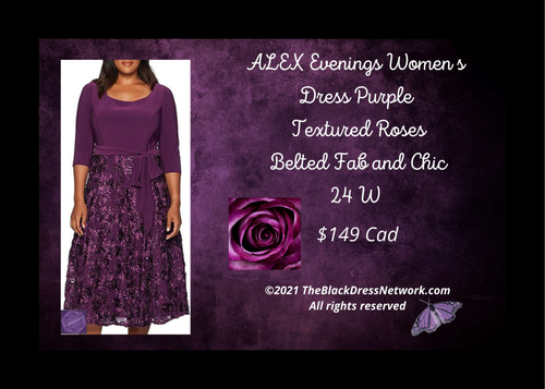 ALEX Evenings Women s Dress Purple Plus 24 W Textured Roses Belted Fab and Chic.