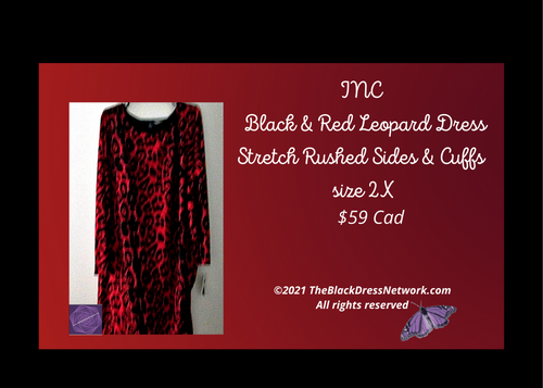 INC Plus 2 X New Black & Red Leopard Dress Stretch Rushed Sides & Cuffs $59 Cad.