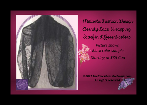 Mikaela Fashion Design Eternity Lace Scarf and Wrap in different colors.