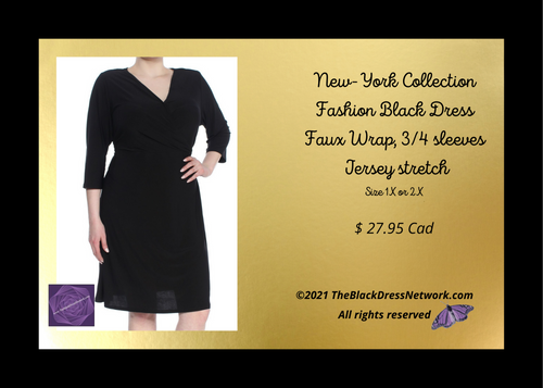 New-York Collection Fashion Black Dress Faux Wrap, 3/4 sleeves Jersey stretch 1X or 2X.