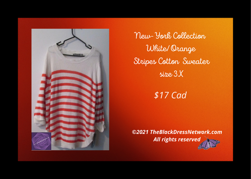 Sweater Top NY Collection Plus 3X Women New White/Orange Stripes Cotton.