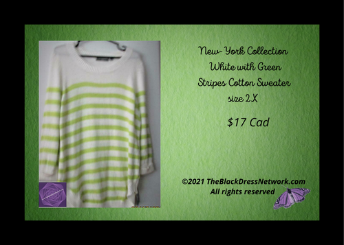 New-York Collection New Sweater White with Green Stripes Cotton Plus 2X.