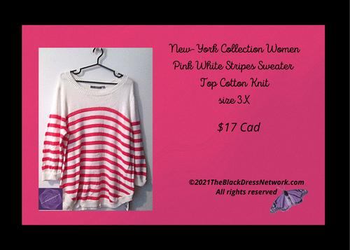 New-York Collection Plus 3X Women Pink White Stripes Sweater Top Cotton Knit.