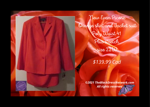 New Evan Picone Orange skirt suit Plus Jacket 22W Skirt 24W 100% Poly Waist 41.
