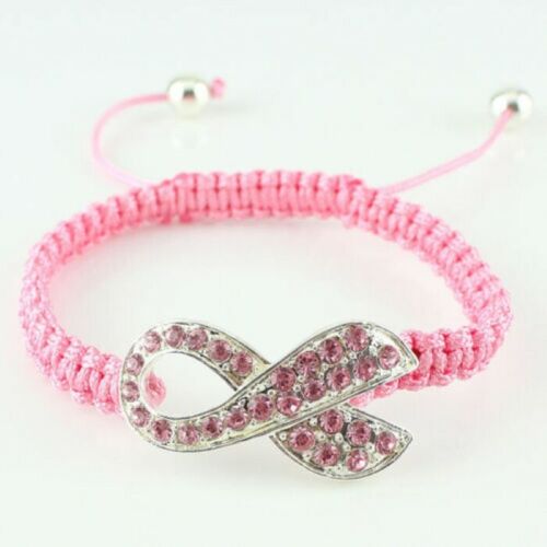 Pink Ribbon Bracelet Stretch Pink Rhinestones Adjustable.