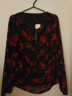 Tahari Fashion  Blouse Top Black with red flowers print and discret Sparkle! - The Black Dress Network