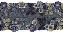 Load image into Gallery viewer, Navy Lace Trim, 4.5 Inches Wide with Violet and Pale Yellow flowers.
