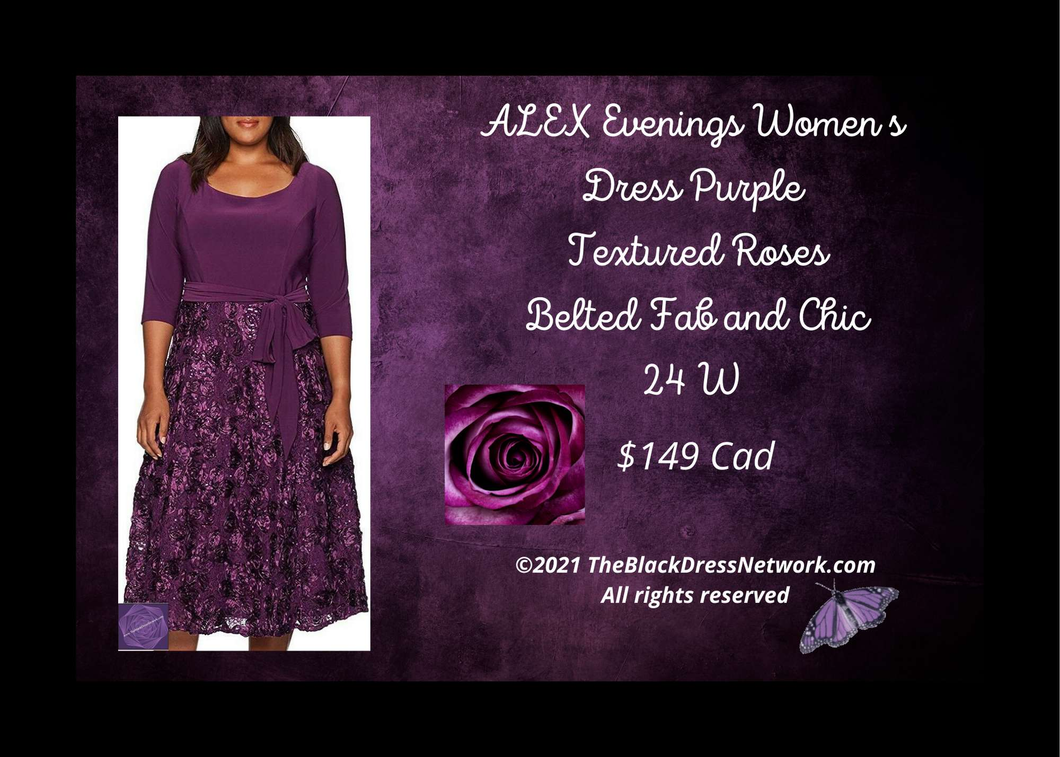 ALEX Evenings Women s Dress Purple Plus 24 W Textured Roses Belted Fab and Chic.