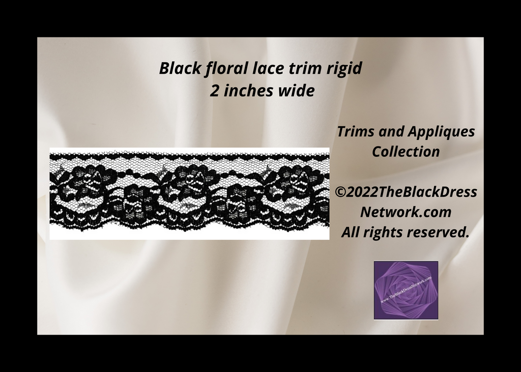 Black floral lace trim rigid 2 inches wide scallop edge