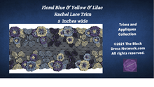 Load image into Gallery viewer, Navy Lace Trim, 4.5 Inches Wide with Unique Violet and Pale Yellow flowers!
