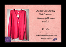 Load image into Gallery viewer, Charter Club Plus 2X New Pink Henley Sweater Stunning Gold Snaps Cotton Stylish.
