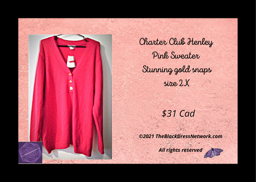 Charter Club Plus 2X New Pink Henley Sweater Stunning Gold Snaps Cotton Stylish.