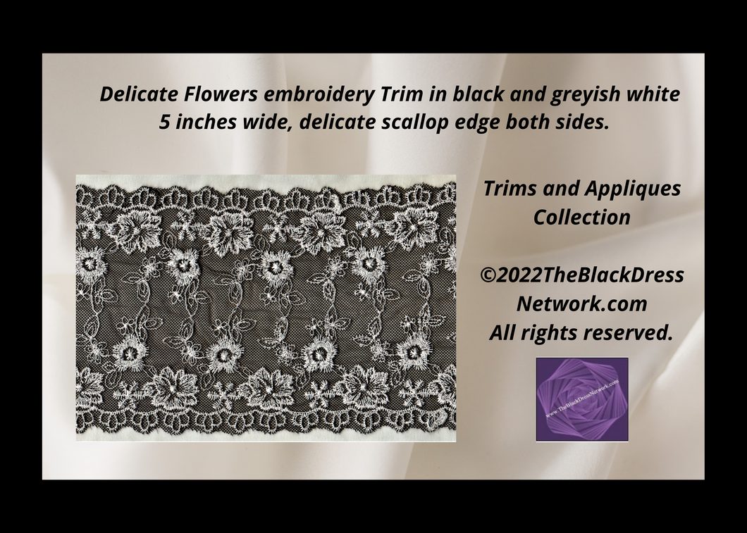 Fashionable Delicate Flowers embroidery Trim in greyish white on Black background 5 inches wide