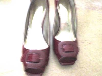 Etienne Aigner Red Patent Leather Heels Buckle, size 10 m Open Toe Chic and Fab.