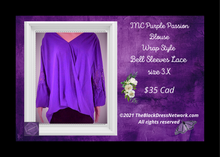 Load image into Gallery viewer, INC Purple Passion Blouse Trendy 3X Wrap Style Bell Sleeves Lace embellished.
