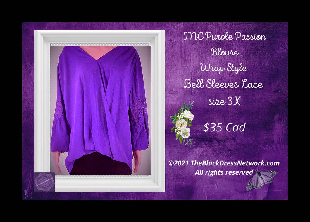 INC Purple Passion Blouse Trendy 3X Wrap Style Bell Sleeves Lace embellished.