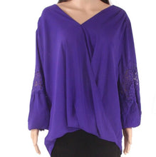 Load image into Gallery viewer, INC Purple Passion Blouse Trendy 3X Wrap Style Bell Sleeves Lace embellished.
