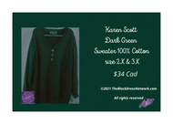 Karen Scott Dark Green  Henley Sweater 100% Cotton Golden buttons Plus 2X or 3X Casual Chic.