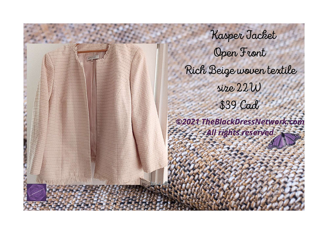 Kasper Jacket Open Front Rich Beige woven textile Plus  22W.