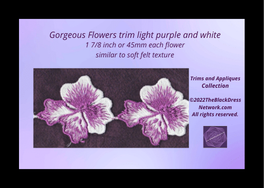 Gorgeous Flowers trim Light  purple and white 1 7/8 inch or 45mm each flower similar to soft felt texture