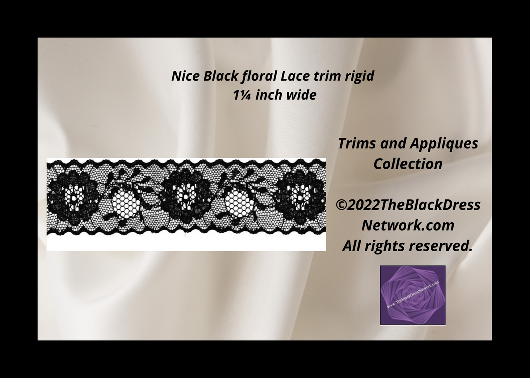 Nice Black floral Lace trim rigid  1¼ inch wide