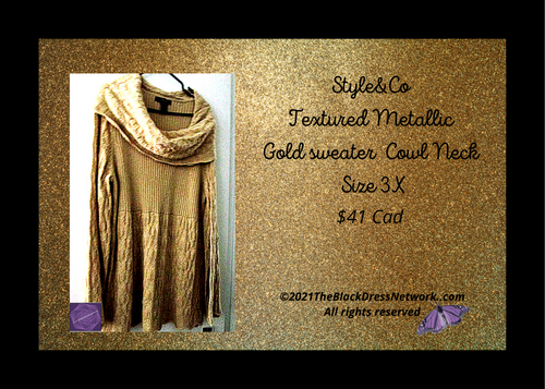 New Style&Co Textured Metallic Gold Pullover sweater top Cowl Neck Plus 3 X Chic.