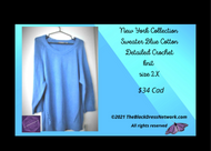 New York Collection Sweater Top Gorgeous Blue Cotton Detailed Crochet Pl 2 X - The Black Dress Network