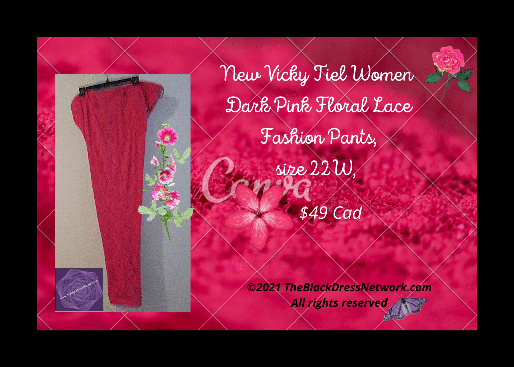 New Vicky Tiel Women Dark Pink Floral Lace Fashion Pants, Plus,22W, Beautiful.